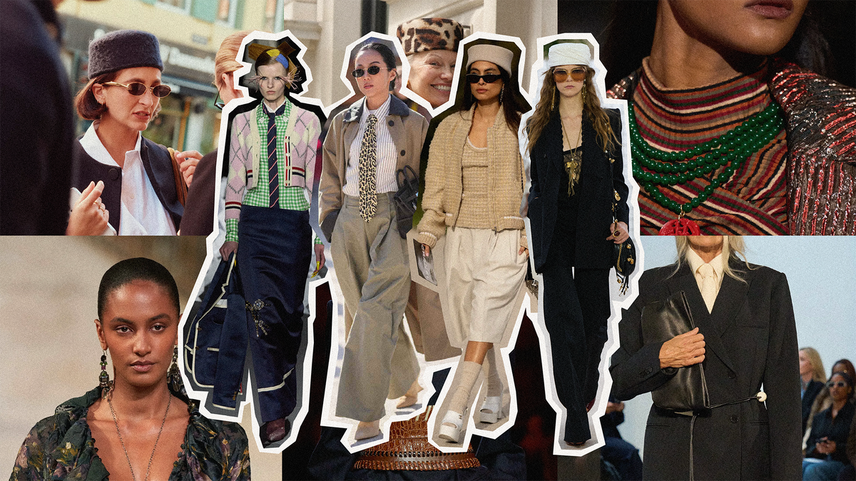 Autumn winter small accessory trends showcasing fashionable hats, glasses, and unique jewelry styles.