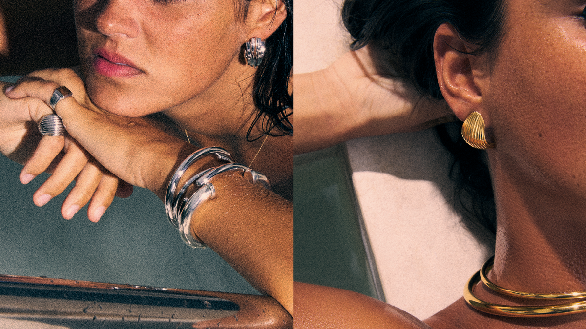 summer jewelry stacking guide featuring statement earrings and elegant bangles on a model.
