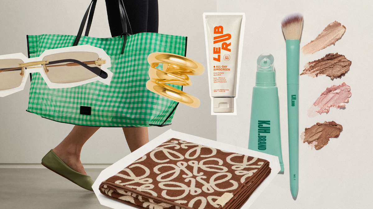 Stylish summer beach bag essentials including sunscreen, sunglasses, and makeup for a perfect beach day.