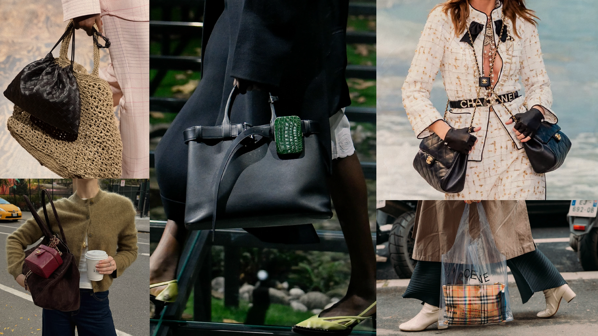 Showcasing the two-bag fashion trend 2025 with various stylish bags in a chic urban setting.