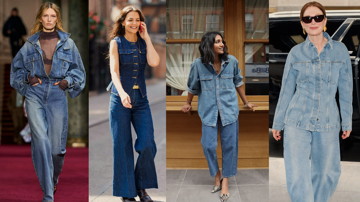 Fashionable women showcasing denim-on-denim fashion trend with modern silhouettes and stylish looks.