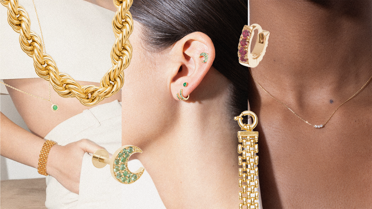 Timeless investment jewelry pieces including gold chain, earrings, and delicate necklaces showcased elegantly.