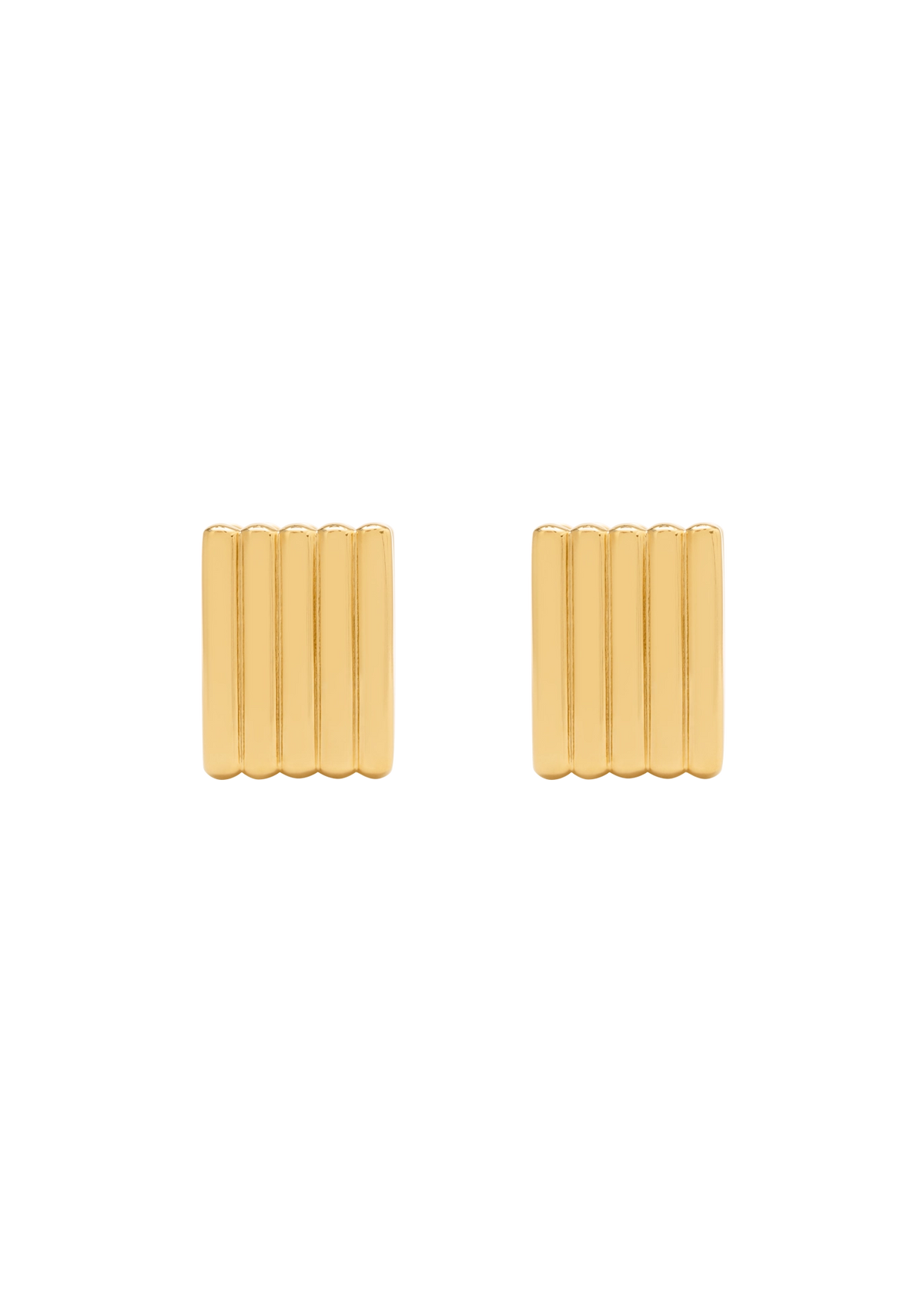 A pair of gold rectangular stud earrings with a ribbed, textured vertical design, shown on a plain white background.