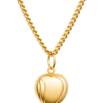 Gold heart-shaped pendant on a gold chain against a white background