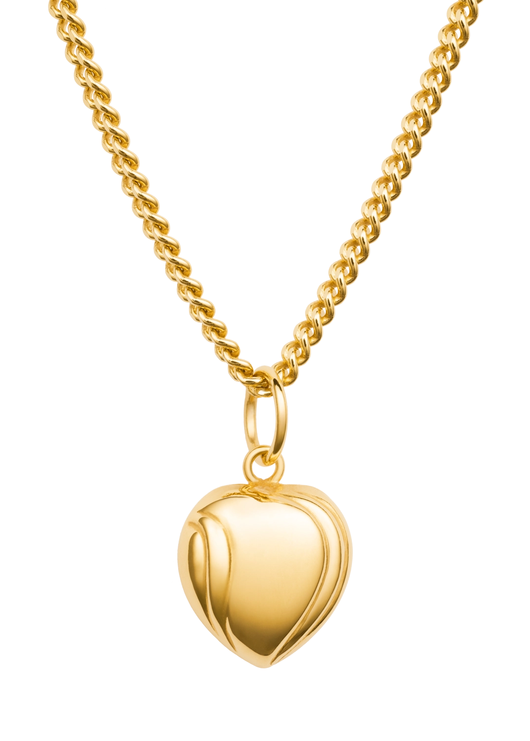 Gold heart-shaped pendant on a gold chain against a white background