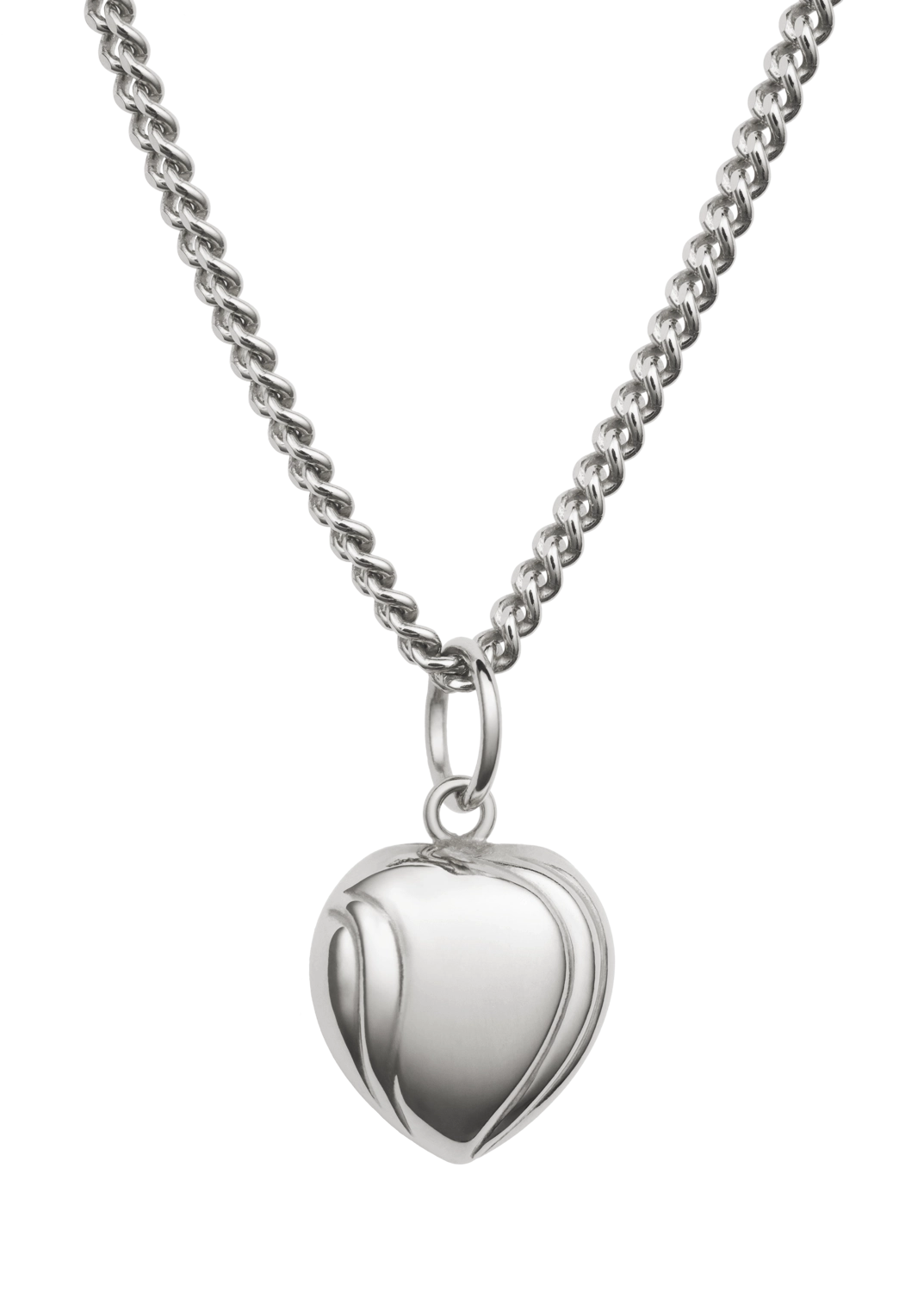 Silver heart-shaped pendant on a chain against a white background