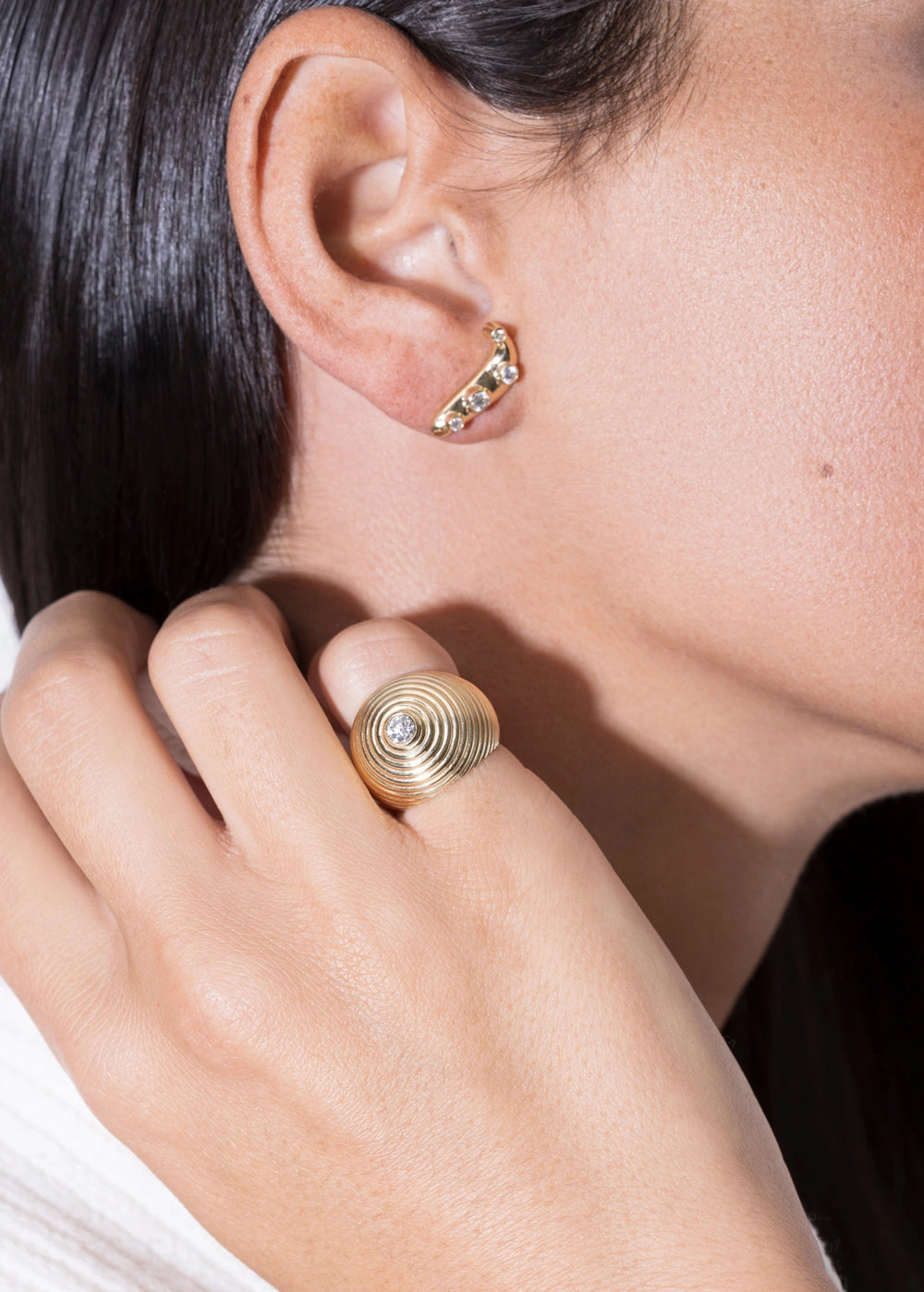 pinky diamond ring 18k and unending diamond earrings 18k